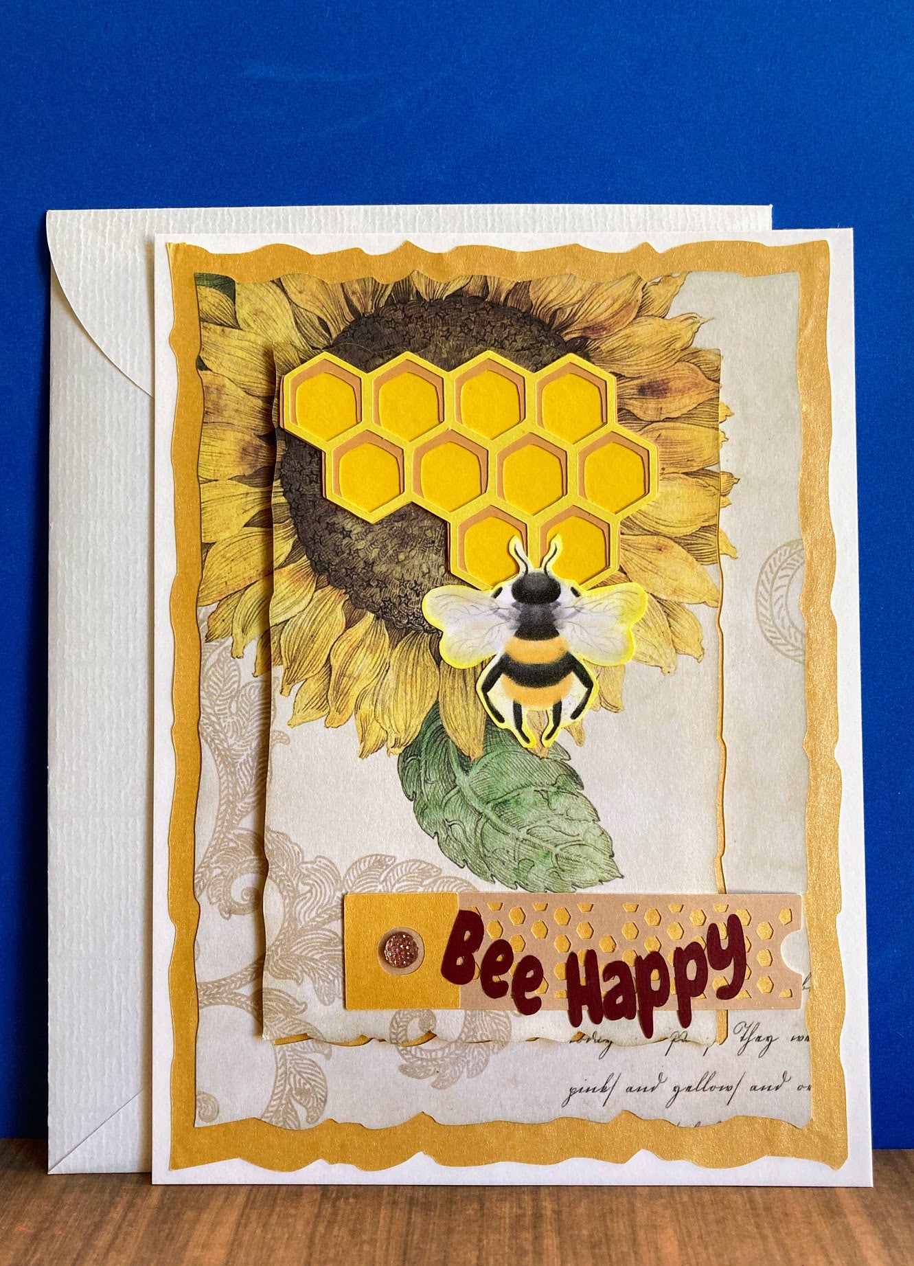 BEE HAPPY Card - Honeycomb over Sunflowers Background