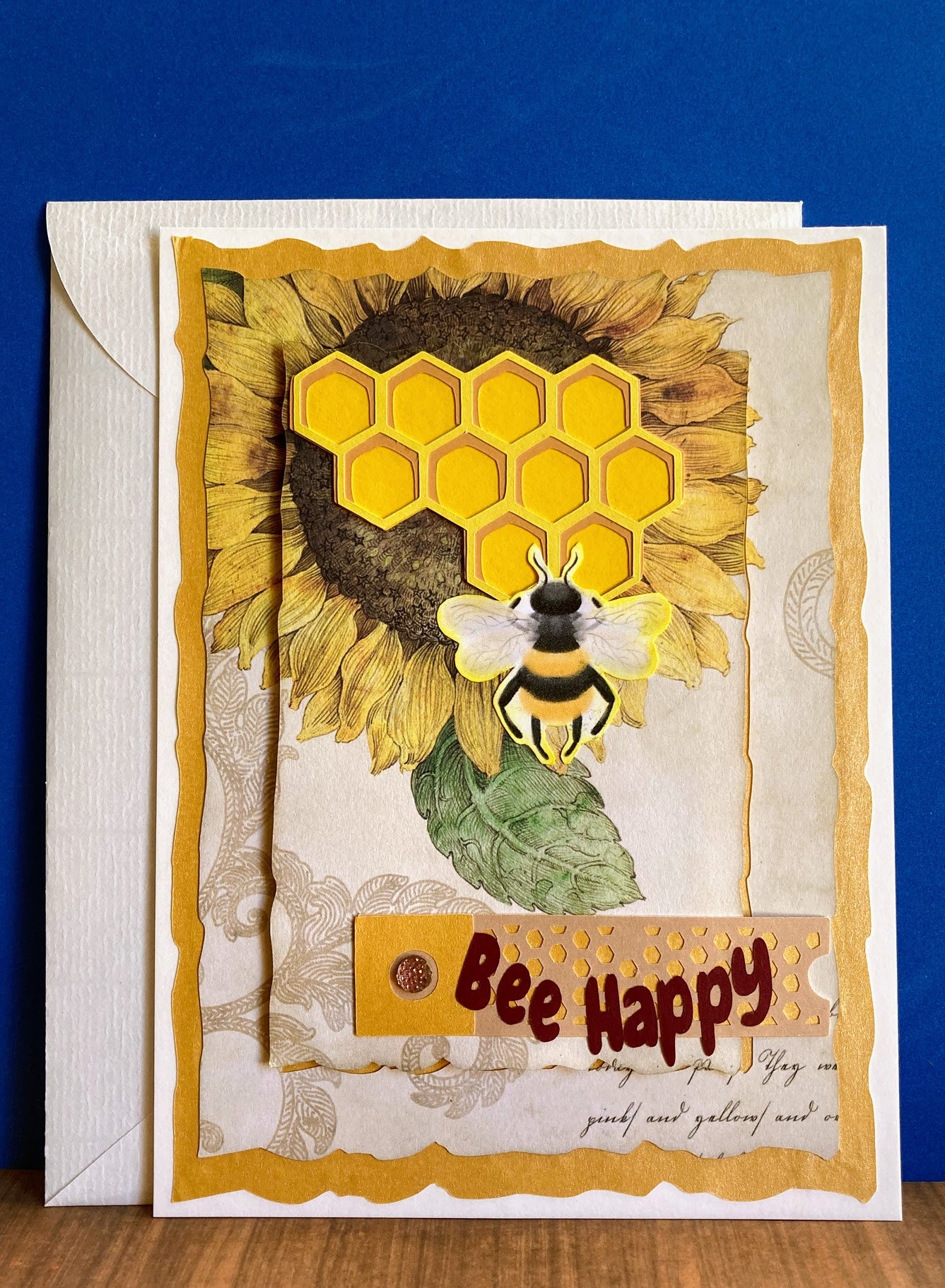 BEE HAPPY Card - Honeycomb over Sunflowers Background