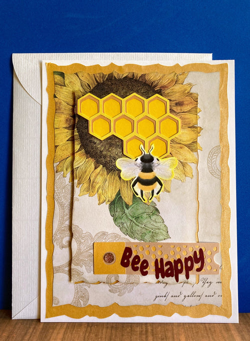 BEE HAPPY Card - Honeycomb over Sunflowers Background