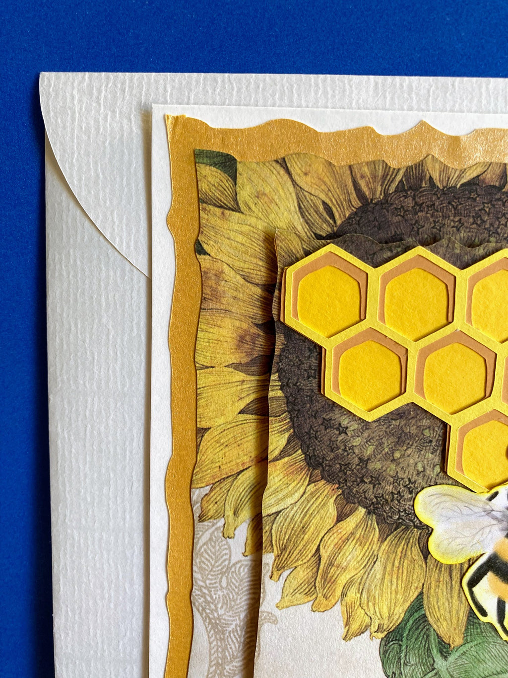 BEE HAPPY Card - Honeycomb over Sunflowers Background