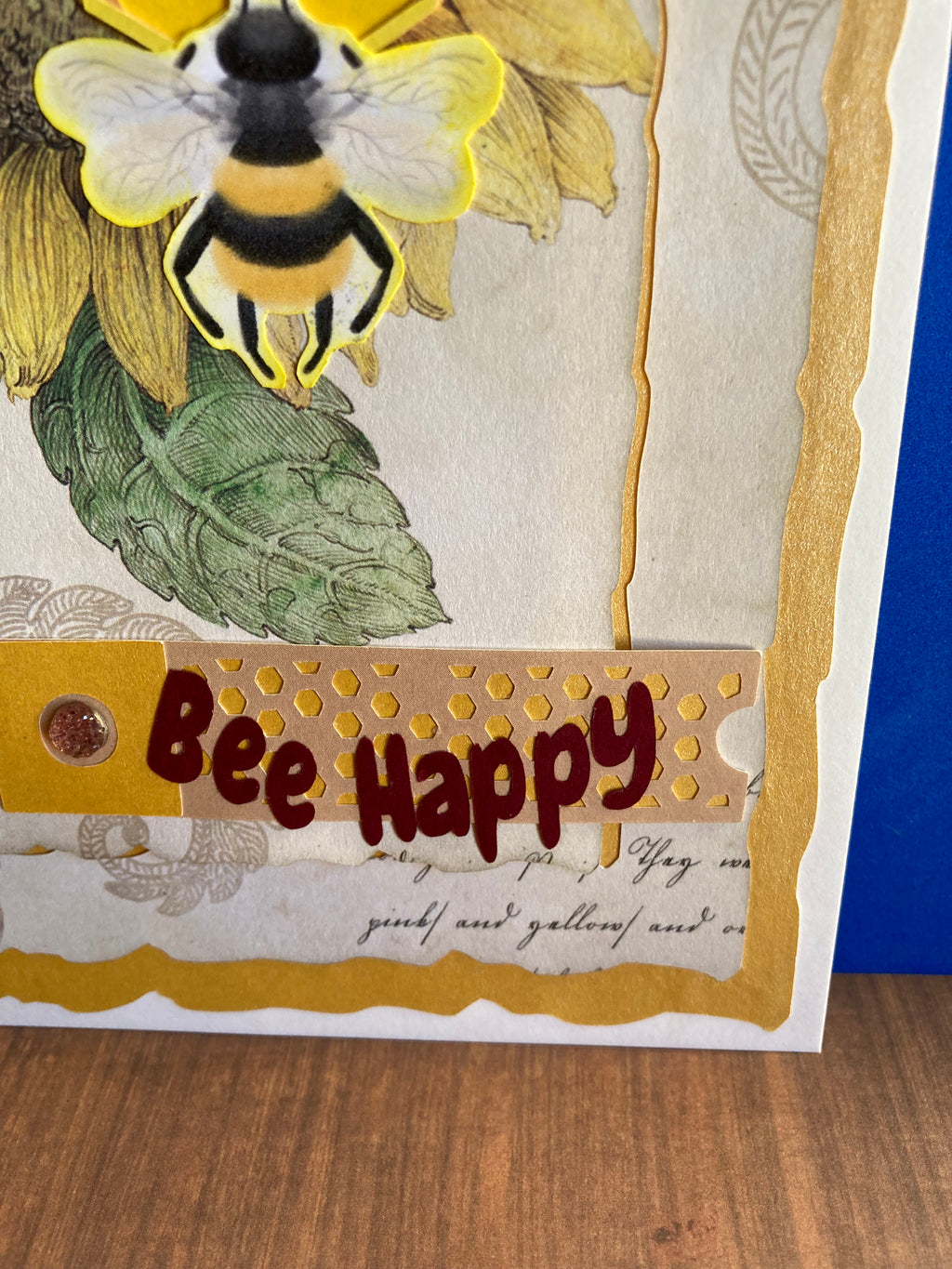BEE HAPPY Card - Honeycomb over Sunflowers Background