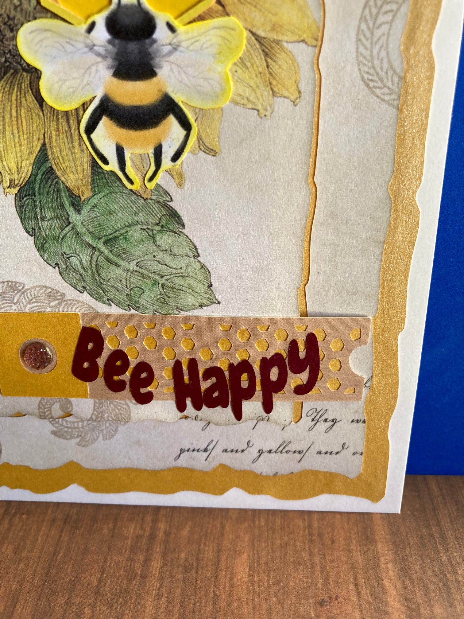 BEE HAPPY Card - Honeycomb over Sunflowers Background