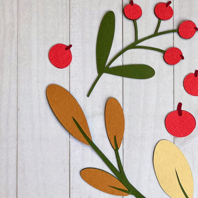 Autumn die cuts detail - handmade berries and leaves papercraft by Magdina Creativa