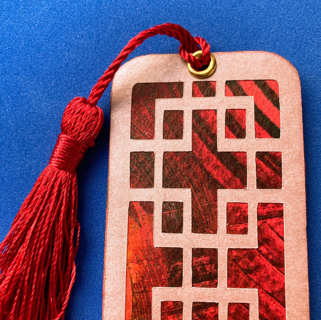 Handmade Paper Bookmark with Tassel, Scrapbook Style