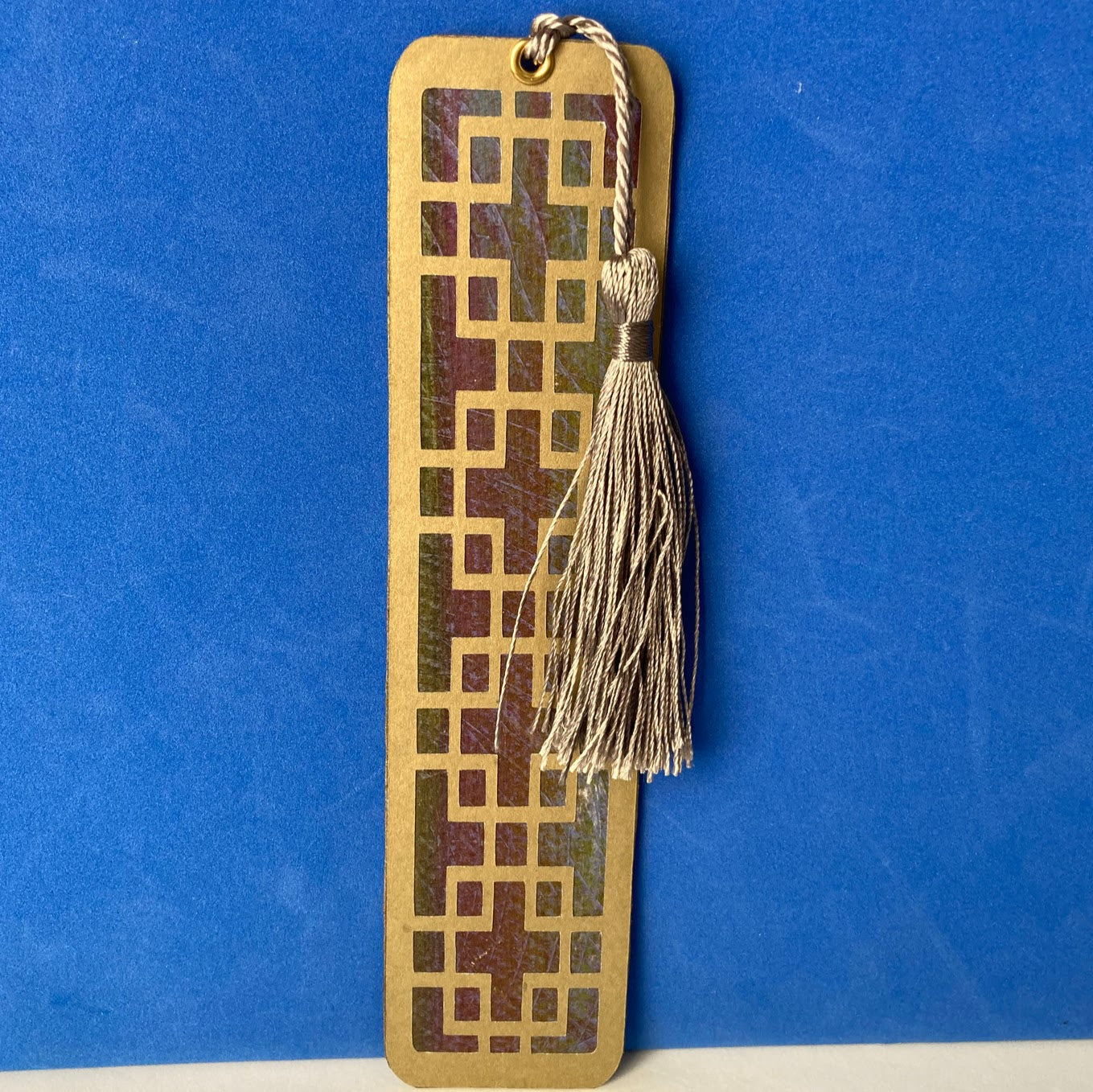 Handmade Paper Bookmark with Tassel, Scrapbook Style
