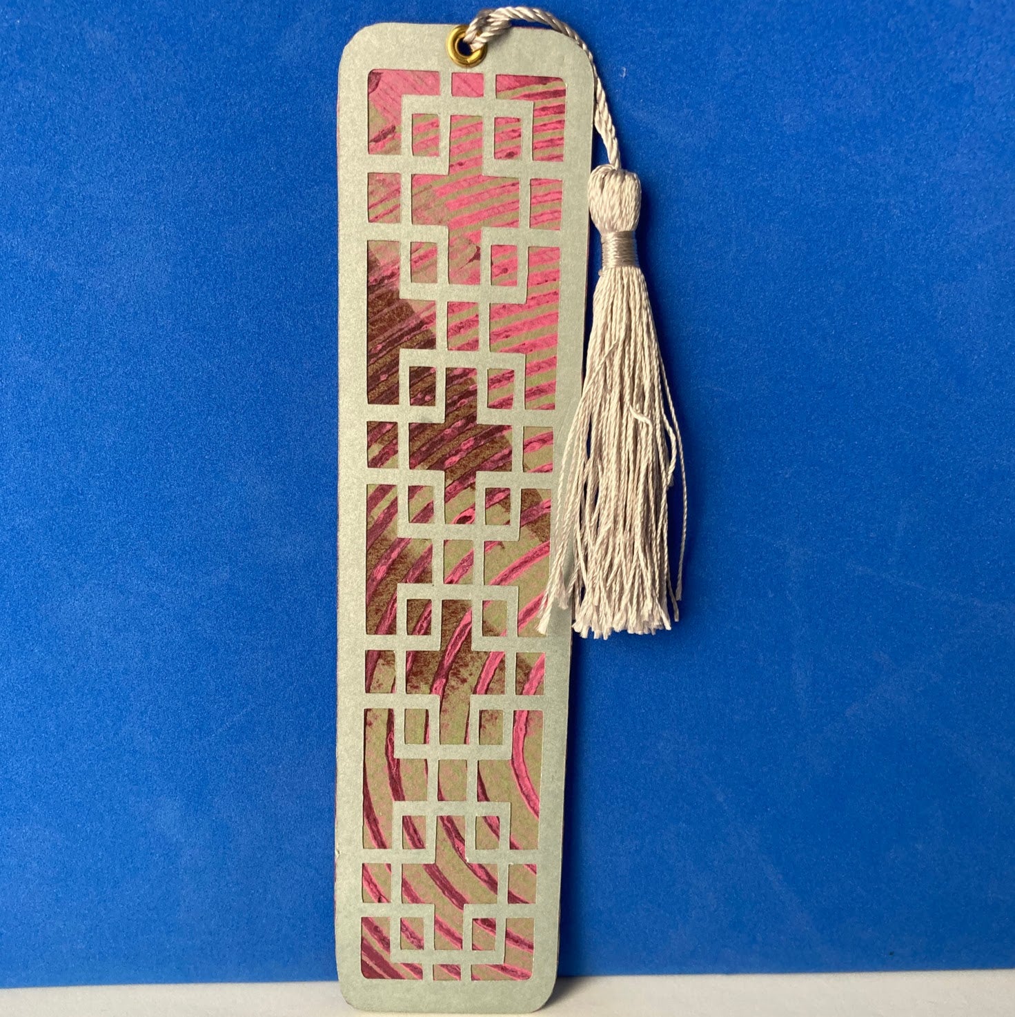 Handmade Paper Bookmark with Tassel, Scrapbook Style