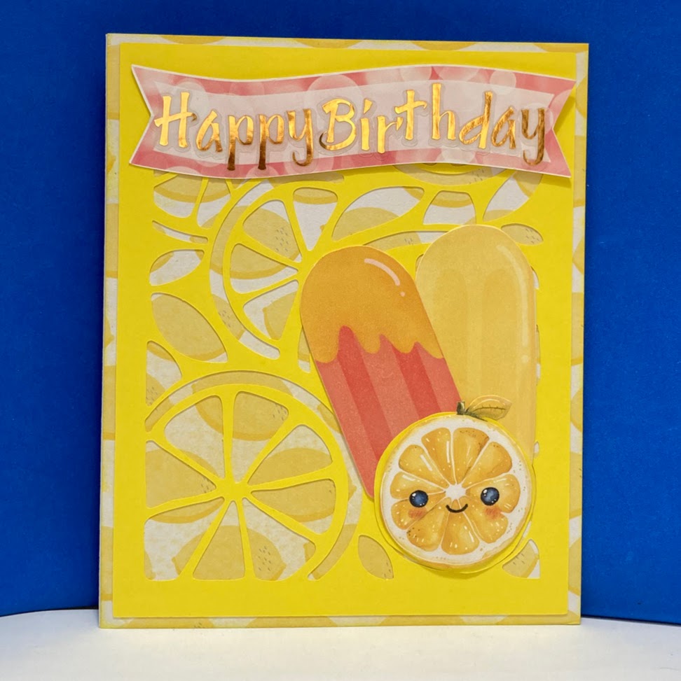 Citrus birthday card with Happy Birthday banner - handmade popsicle and kawaii lemon slice by Magdina Creativa