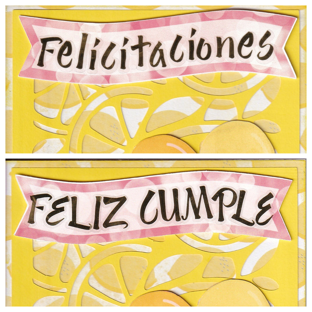 Citrus card banner options - Felicitaciones and Feliz Cumple in Spanish - handmade scrapbook card by Magdina Creativa