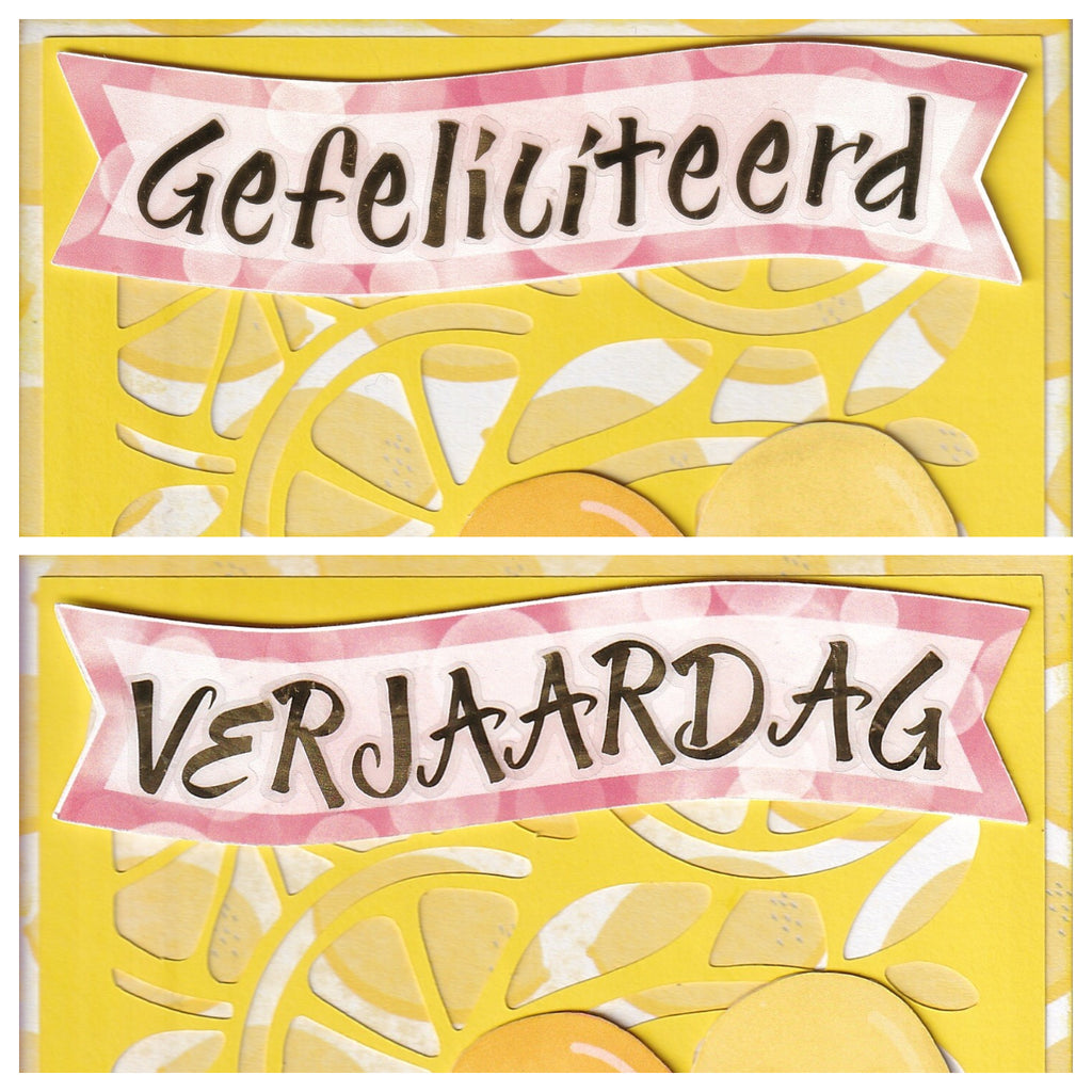 Citrus card banner options - Gefeliciteerd and Verjaardag in Dutch - handmade scrapbook card by Magdina Creativa