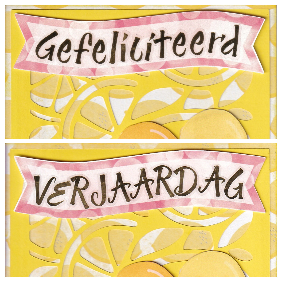 Citrus card banner options - Gefeliciteerd and Verjaardag in Dutch - handmade scrapbook card by Magdina Creativa
