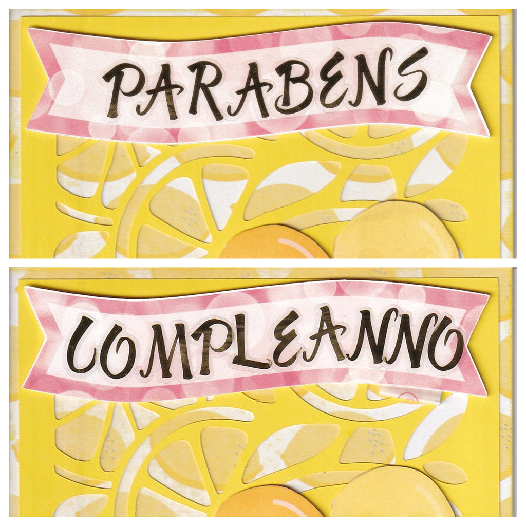Citrus card banner options - Parabens in Portuguese and Compleanno in Italian - handmade scrapbook card by Magdina Creativa