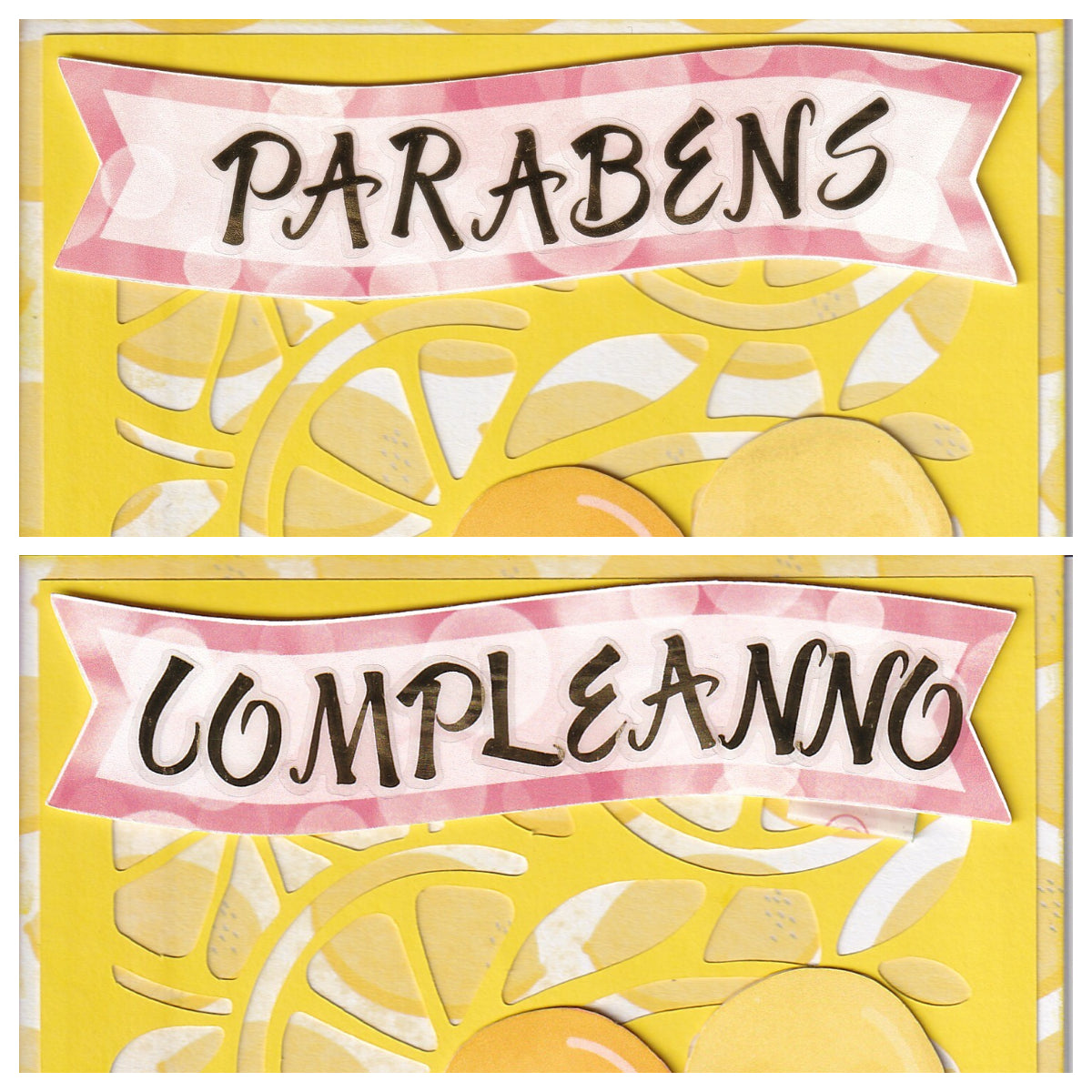Citrus card banner options - Parabens in Portuguese and Compleanno in Italian - handmade scrapbook card by Magdina Creativa
